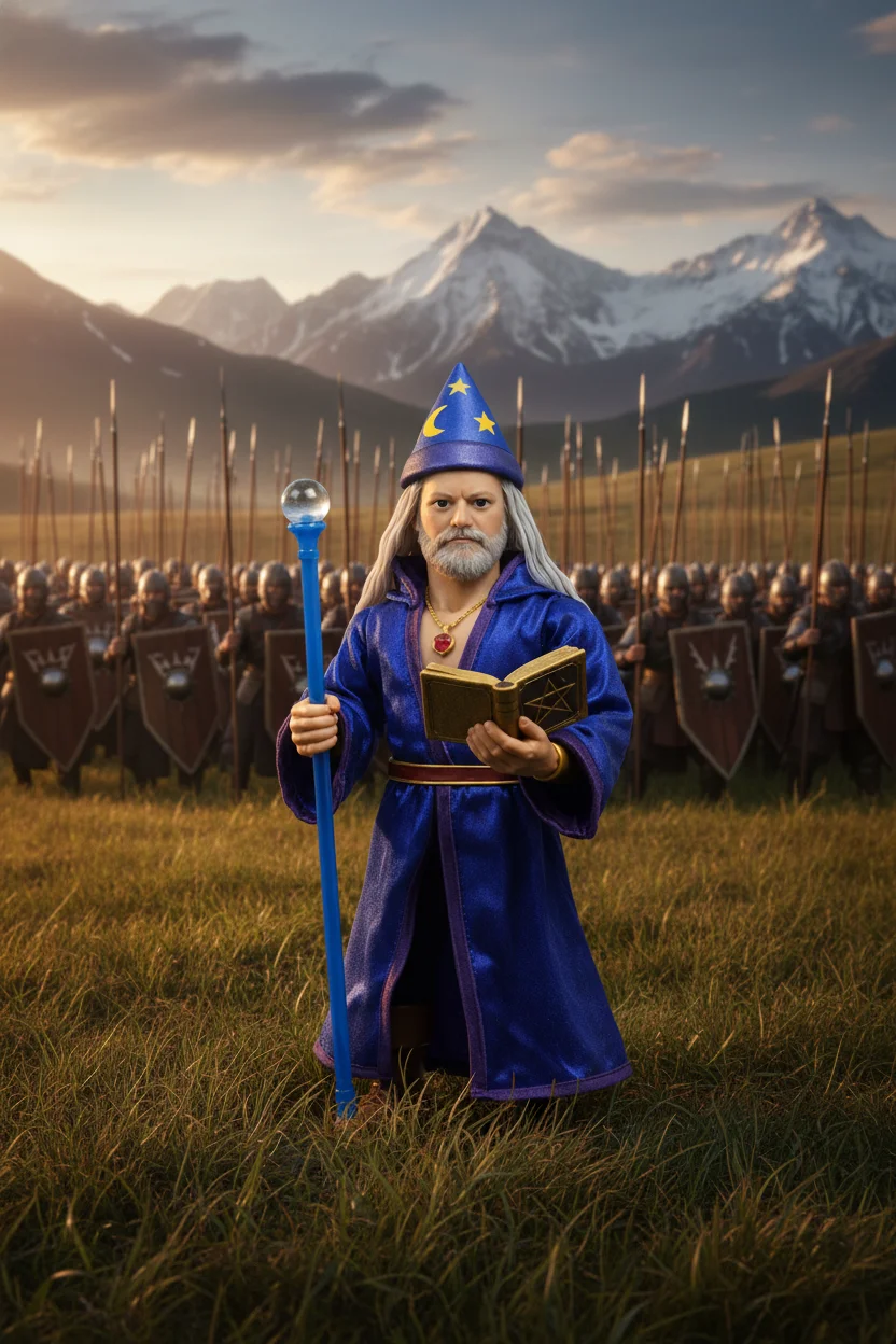 Stokellbro Butler the Wise - The wizard is at the front of an army of men with shields and spears on a grassy plain.